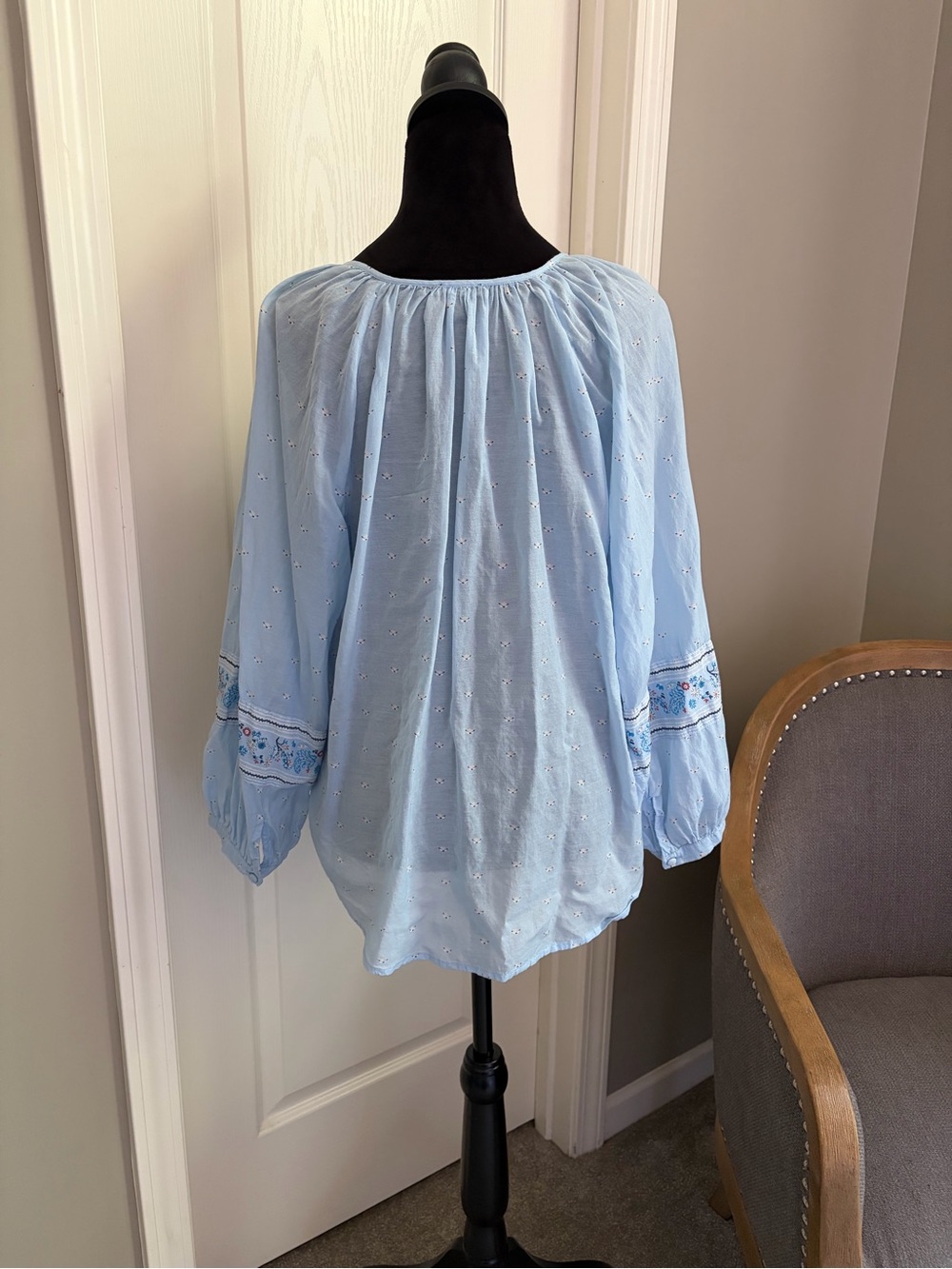 Ann Taylor Sky Blue Embroidered Button-Front Peasant Top - Picture 3 of 6